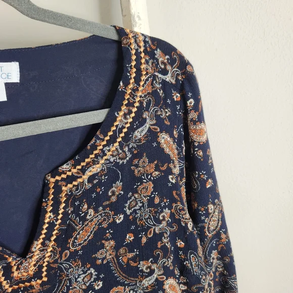 Market & Spruce Stitch Fix 1x paisley print embroidered 3/4 sleeve boho top - Picture 3 of 6